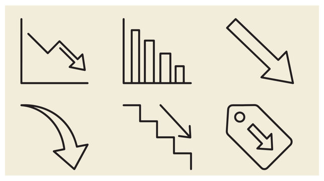Set of financial decline and downward trend icons featuring arrows falling charts steps price tag financial loss falling chart arrow down stairs drop business drop