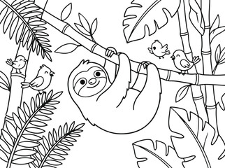 Naklejka premium Cute cartoon sloth hanging on a bamboo branch with birds in the jungle, coloring page for kids
