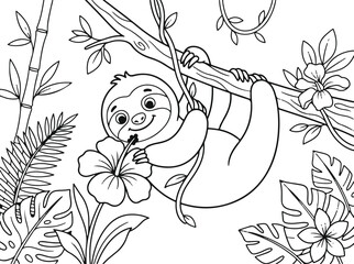 Naklejka premium Cute sloth hanging on a tree branch holding a hibiscus flower, coloring page for kids