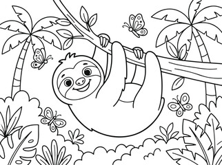 Naklejka premium Cute cartoon sloth hanging from a tree branch in the jungle with butterflies