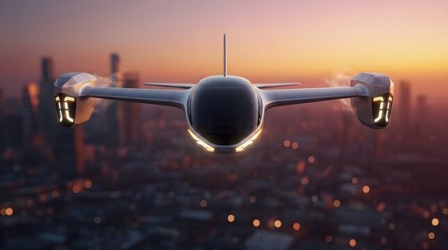 Autonomous electric passenger drone flying over futuristic city at sunset