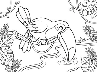Naklejka premium Cute toucan bird drinking water in the jungle coloring page