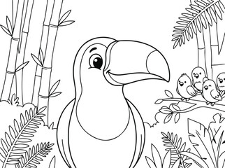 Naklejka premium Cute toucan portrait with small birds in the jungle coloring page