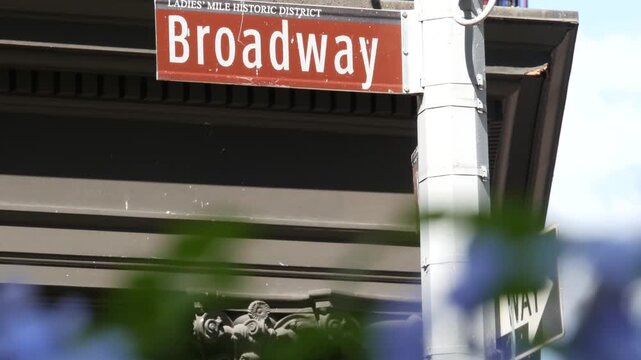 New York City Broadway street sign on Manhattan, United States. Urban road sign in american city. Traffic sign in Midtown of NYC, USA. Ladies mile historic district. Building architecture.