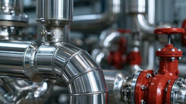 Polished stainless steel pipe with red industrial valve in processing facility
