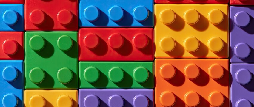 Close-up view of interlocking colorful building blocks arranged in rows and columns