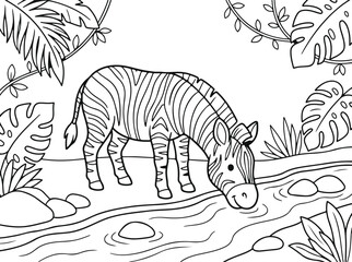 Naklejka premium Cute zebra drinking water from a river in the jungle, coloring page for kids