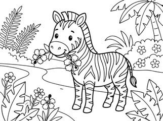 Naklejka premium Cute cartoon zebra standing in the jungle with flowers, coloring page for kids
