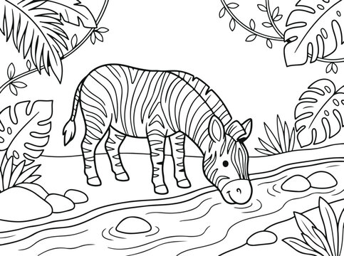 Cute zebra drinking water from a river in the jungle, coloring page for kids