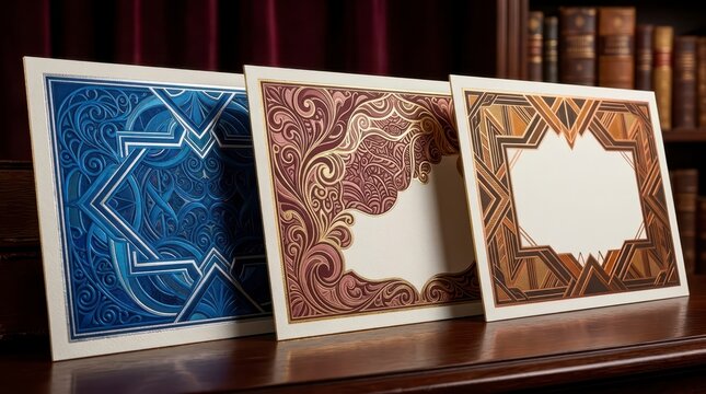 Three decorative art deco style frames on wooden shelf