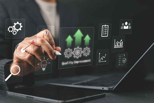 Quality and process improvement concept with businessman solving problems, enhancing organizational processes, implementing continuous improvement, and boosting industrial management efficiency.
