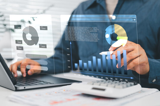 Data analysis is conducted using digital charts and financial dashboards, visualizing stock market performance metrics to express insights for marketing projects, strategy smart business.