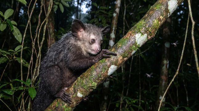 Aye-Aye Monkey Climbing Tree Branch in Dark Forest