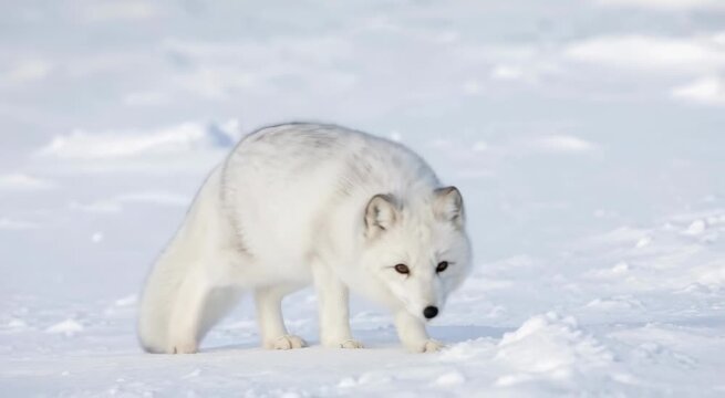 Arctic fox with thick white winter coat standing on a snowy landscape, alert and facing the camera