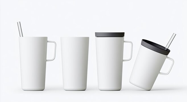 Four sleek white mugs with handles and lids, two with straws