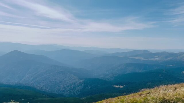 Beautiful summer view of the Mountains from around 2,600 meters above sea level. Yellow grass surrounded by blue-green peaks and a stunning sky. Scene atmosphere 