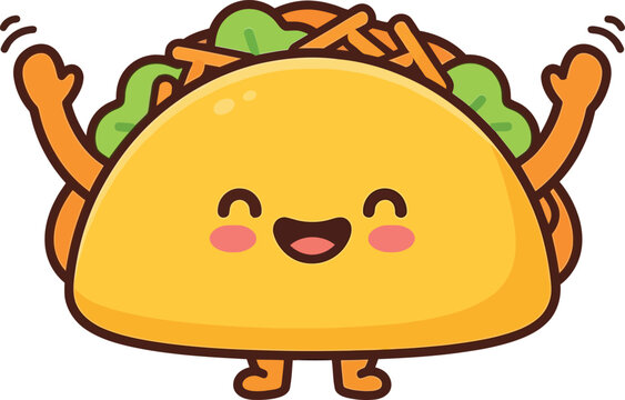 Cute animated taco character with arms raised cheerfully holding toppings