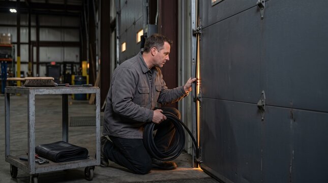 Technician checks gaps around a loading-bay door