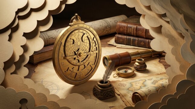 Antique astrolabe with vintage maps and navigation tools