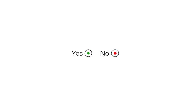 minimalist animated yes and no radio buttons option selection with green and red dot on clean white background motion graphics loop.