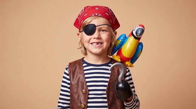 Smiling boy in pirate costume with eye patch bandana and inflatable parrot