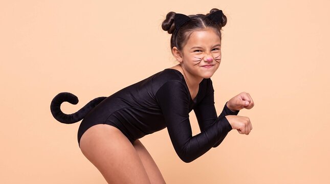 Playful girl in black cat costume crouching with tail and whiskers