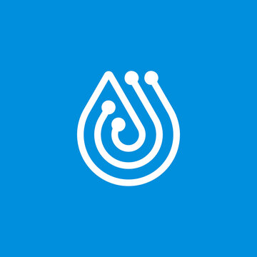 Minimalist Digital Water Drop Logo Symbol Featuring Circuit Board Connections for Modern Environmental Technology and Sustainable Resource Management
