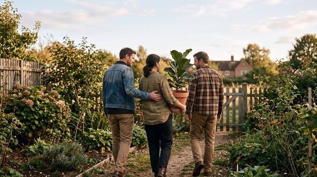Family members carry a houseplant toward a new chapter