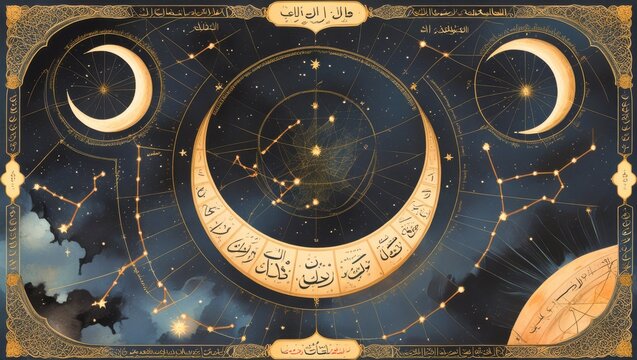 Vintage Islamic astrological chart with crescent moon phases zodiac constellations Arabic script and golden celestial ornaments