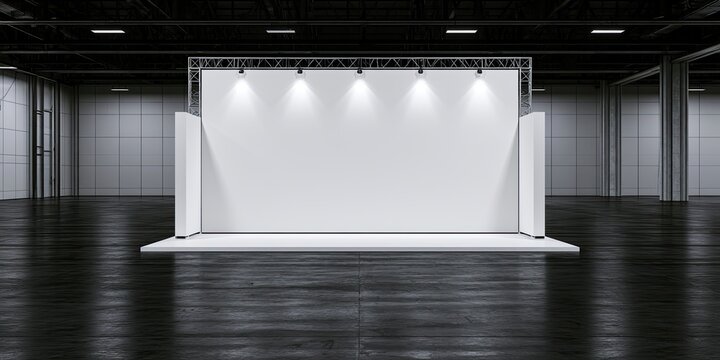 Blank exhibition booth with spotlights in a modern, empty hall