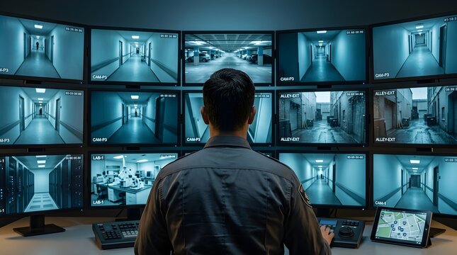 Security guard monitoring multiple CCTV screens in control room