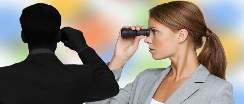 A woman in a grey suit looks through a monocular at a man in a black suit against a colorful background.