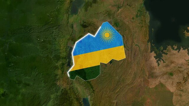 3D Satellite Map Animation Highlighting Rwanda with Flag Texture and Waving National Flag