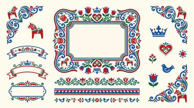 Swedish Dala Folk Art Frame Border Ornamental Decorative Set