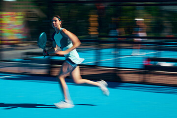 Fototapeta premium Female padel athlete in stylish blue sportswear running with cinematic motion blur on court. Concept of motion fashion campaign, energetic activewear, youth sport style.