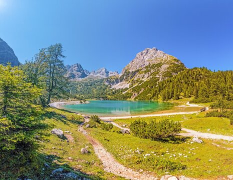 Panoramic view of Seebensee and alpine peaks in Tyrol Austria