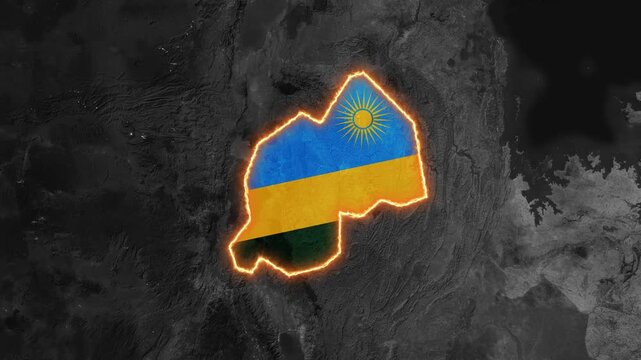 3D Dark Satellite Map Animation Highlighting Rwanda with Flag Texture and Waving National Flag