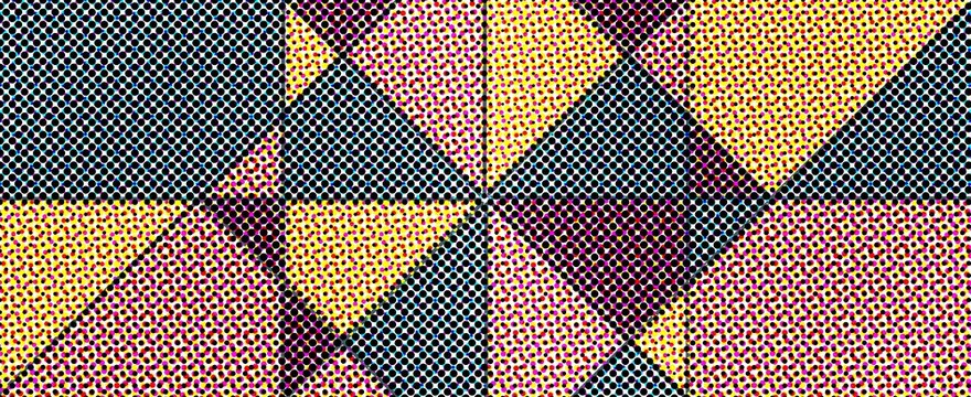 Colorful Abstract Geometric Background with Halftone Dots and Triangles