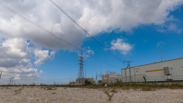 Power Transmission Substation Under Clear Blue Sky