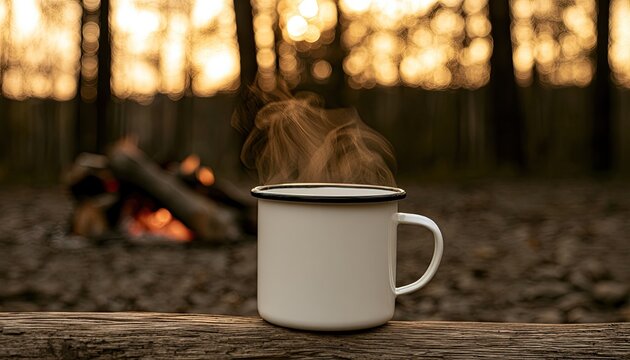 Steaming mug of warm beverage rests on log with campfire in blurred background