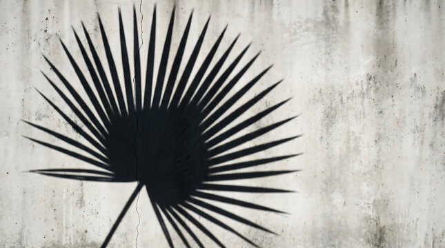 Fan palm shadow cast on textured concrete wall