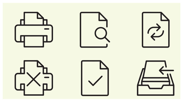 Collection of document status line icons for file management interface with UI icons office icons search icon printer icon sync icon check mark archive tray UI icons