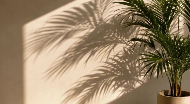 Sunlit potted palm casting sculptural shadows on a warm minimalist wall, evoking calm tropical indoor decor and natural light aesthetics