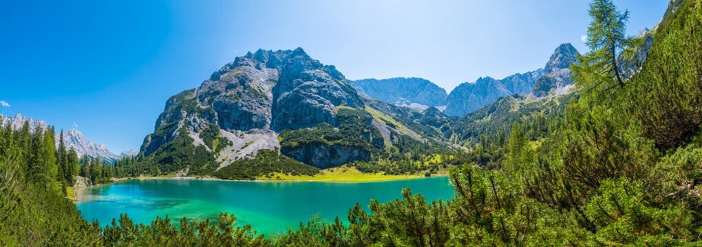 Wide panorama of Seebensee in the Mieming range Tyrol Austria
