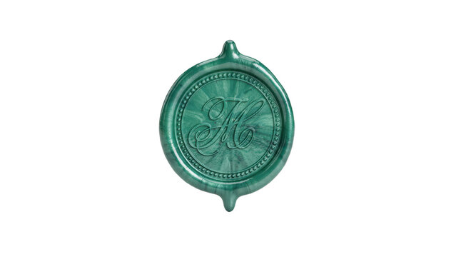 Round green wax seal featuring an embossed letter m in a calligraphic script font style isolated on a transparent background