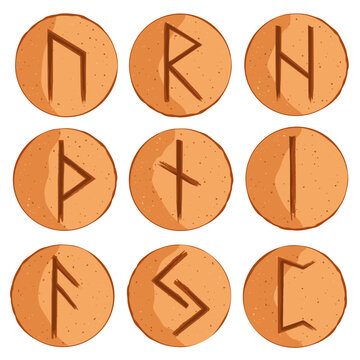 Elder Futhark Viking Rune Cookies Set. Festive pastry with carved runic symbols, divination cookies collection. Vector isolated illustration.