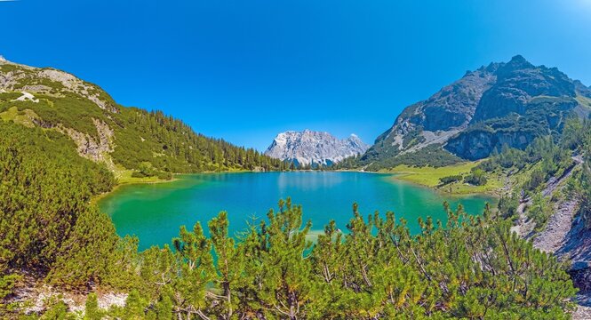 Wide panorama of Seebensee in the Mieming range Tyrol Austria