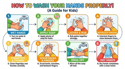Fototapeta premium How to Wash Your Hands Properly Guide for Kids Infographic Vector showing 8 Steps Hand Hygiene Routine