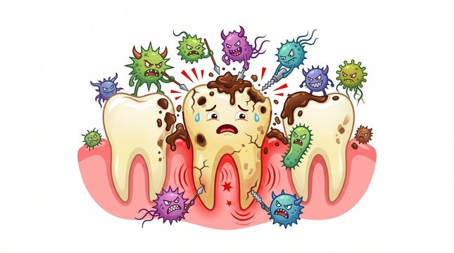 Tooth Decay Cartoon Vector Illustration showing Bacteria Monsters Attacking Damaged Tooth Isolated on White Background