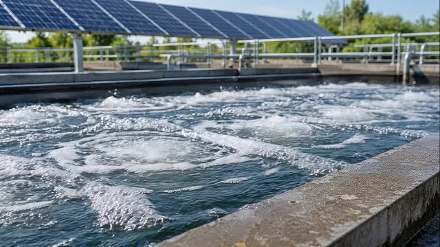 Solar wastewater treatment plant, water basin with bubbling aeration, clean foaming basin and blue solar panel array at eco facility